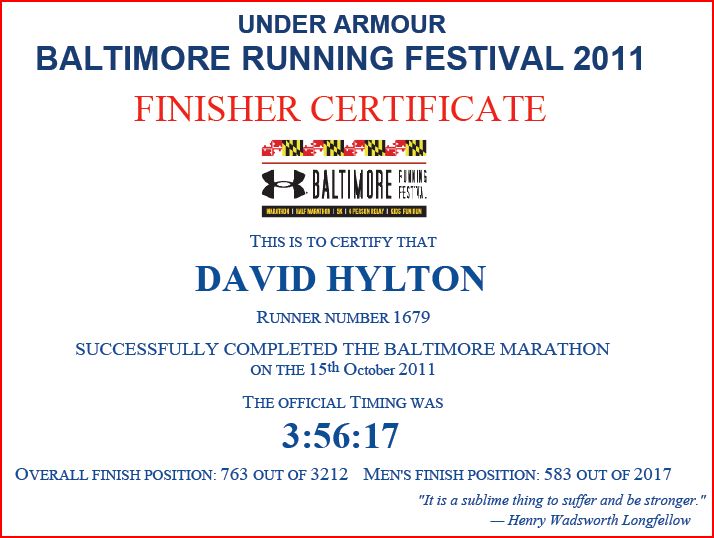 Baltimore Marathon finisher certificate Baltimore Marathon finisher certificate